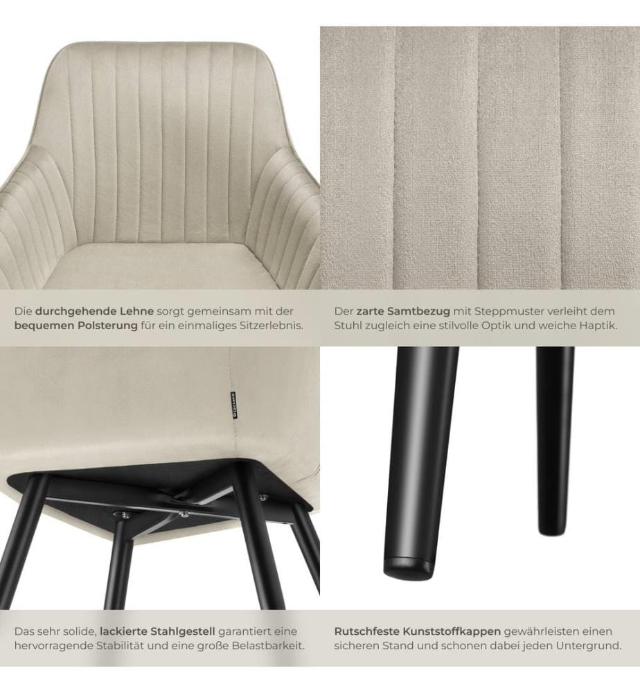 Chair Marilyn - velvet look, quilted, continuous backrest, slim steel legs - creamblack, Set of 6