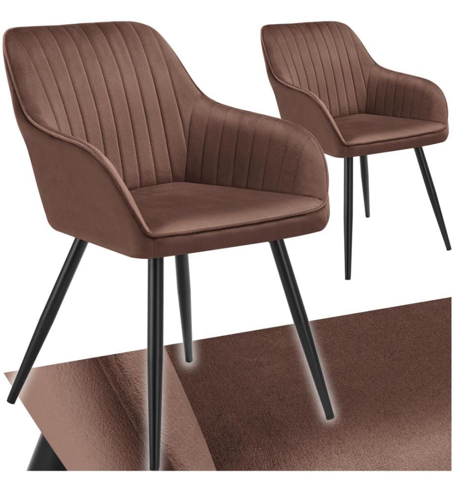 Chair Marilyn - velvet look, quilted, continuous backrest, slim steel legs - brownblack, Set of 2