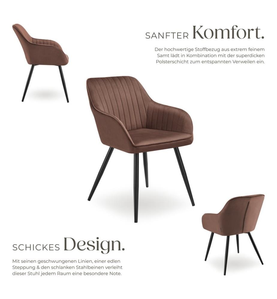 Chair Marilyn - velvet look, quilted, continuous backrest, slim steel legs - brownblack, Set of 2