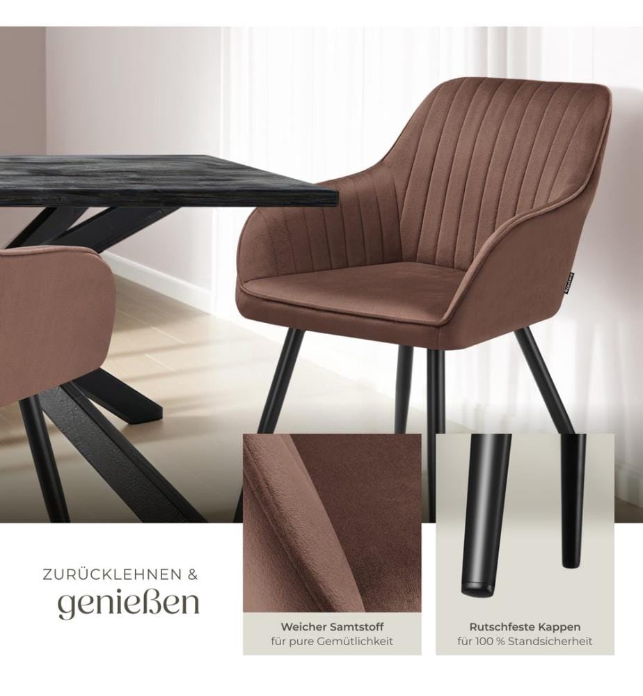 Chair Marilyn - velvet look, quilted, continuous backrest, slim steel legs - brownblack, Set of 2