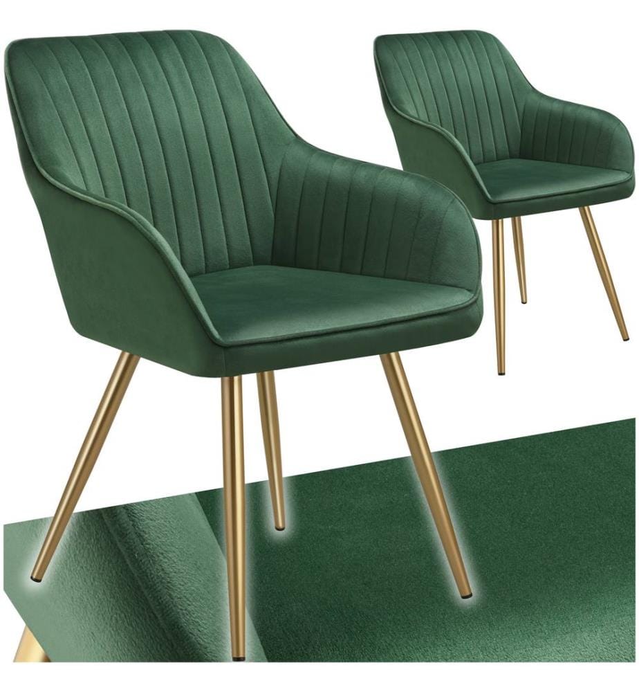 Dining Chair Marilyn - quilted velvet, continuous backrest, gold steel legs - dark greengold, Set of 2