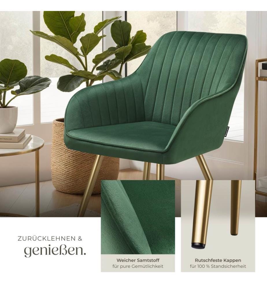 Dining Chair Marilyn - quilted velvet, continuous backrest, gold steel legs - dark greengold, Set of 2