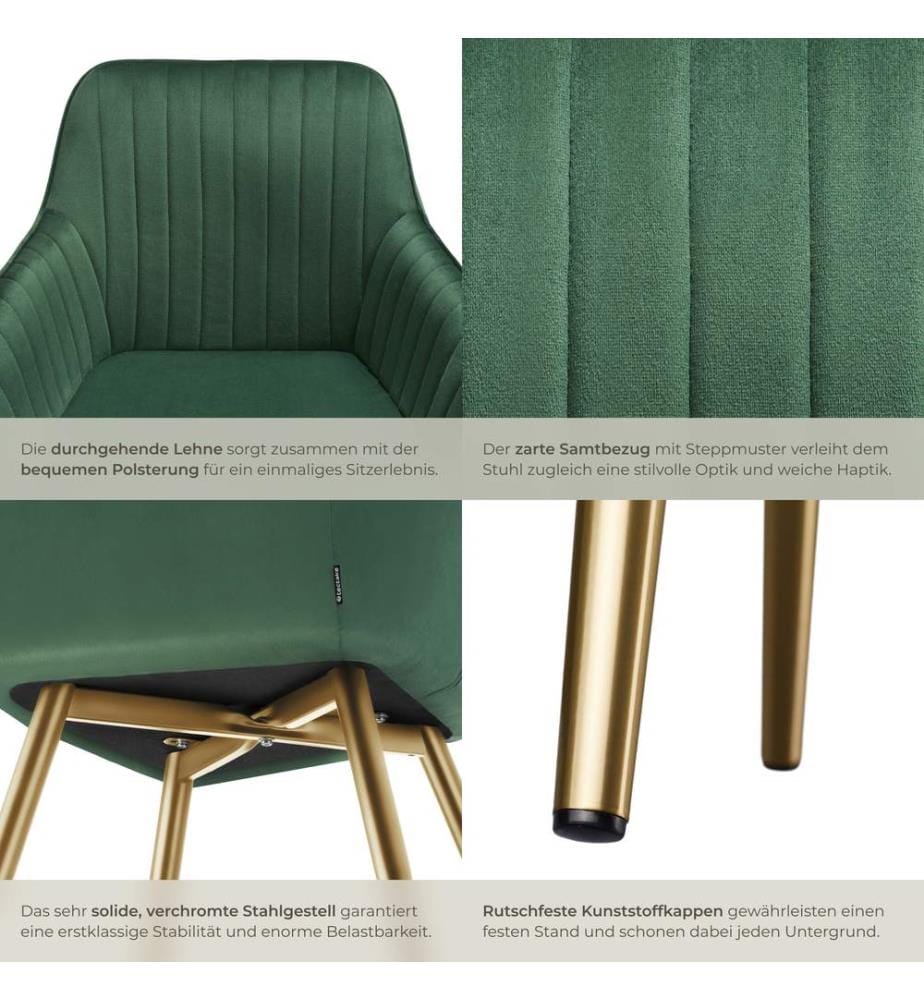 Dining Chair Marilyn - quilted velvet, continuous backrest, gold steel legs - dark greengold, Set of 2