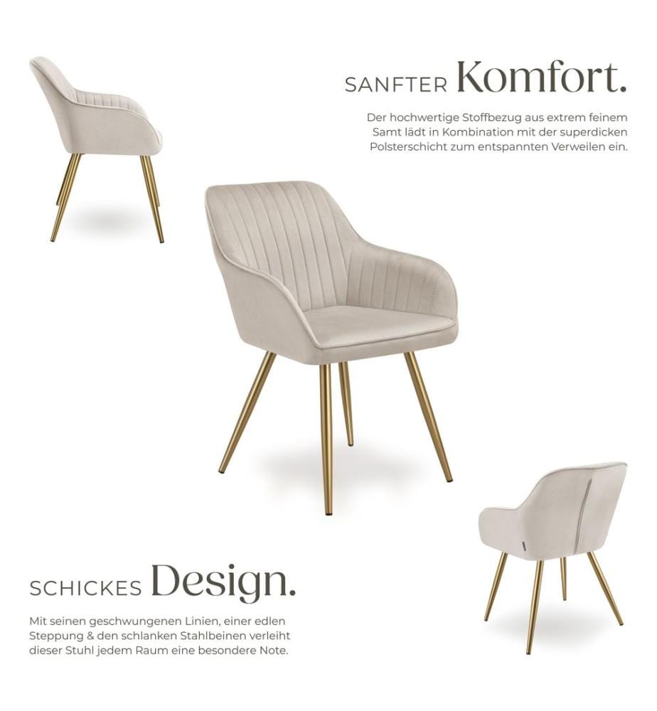 Dining Chair Marilyn - quilted velvet, continuous backrest, gold steel legs - taupegold, Set of 4