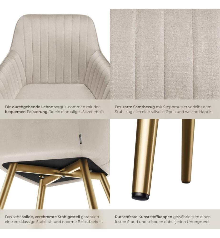 Dining Chair Marilyn - quilted velvet, continuous backrest, gold steel legs - taupegold, Set of 4