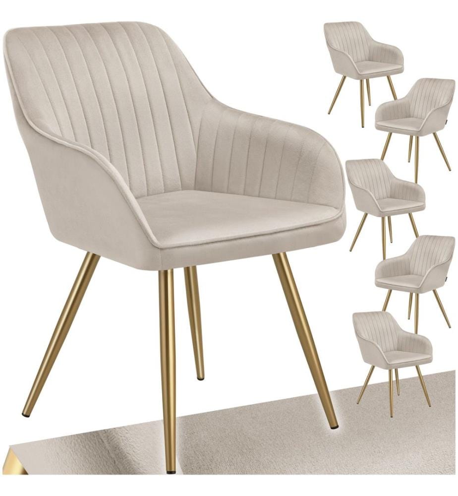 Dining Chair Marilyn - quilted velvet, continuous backrest, gold steel legs - taupegold, Set of 6
