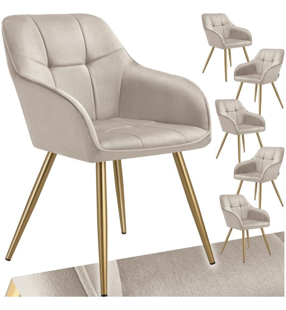 Chair Marilyn - quilted velvet look, continuous backrest, golden steel legs - taupegold, Set of 6