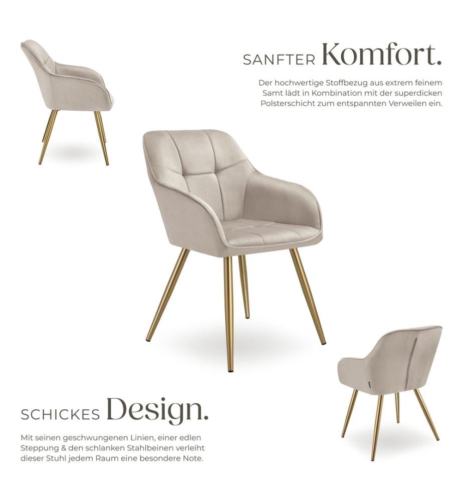 Chair Marilyn - quilted velvet look, continuous backrest, golden steel legs - taupegold, Set of 6
