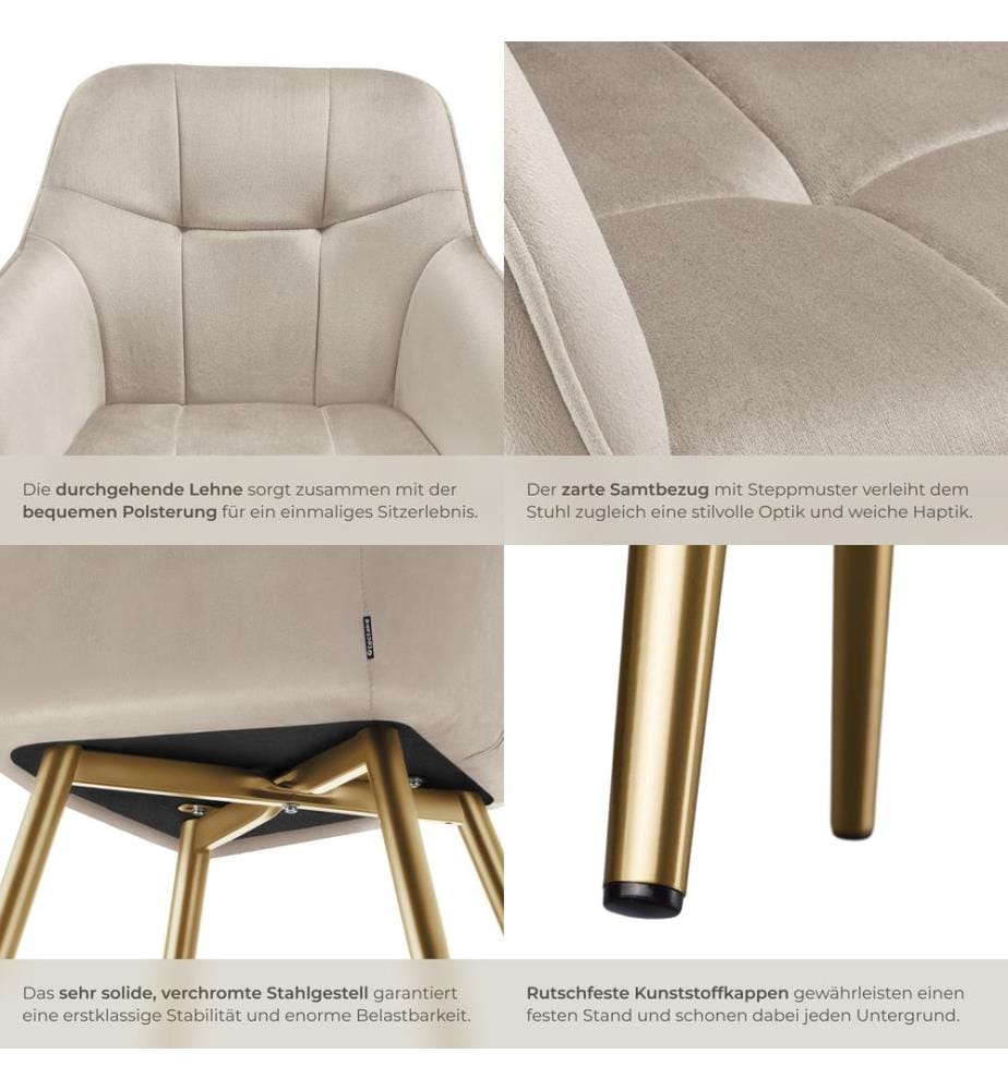 Chair Marilyn - quilted velvet look, continuous backrest, golden steel legs - taupegold, Set of 6