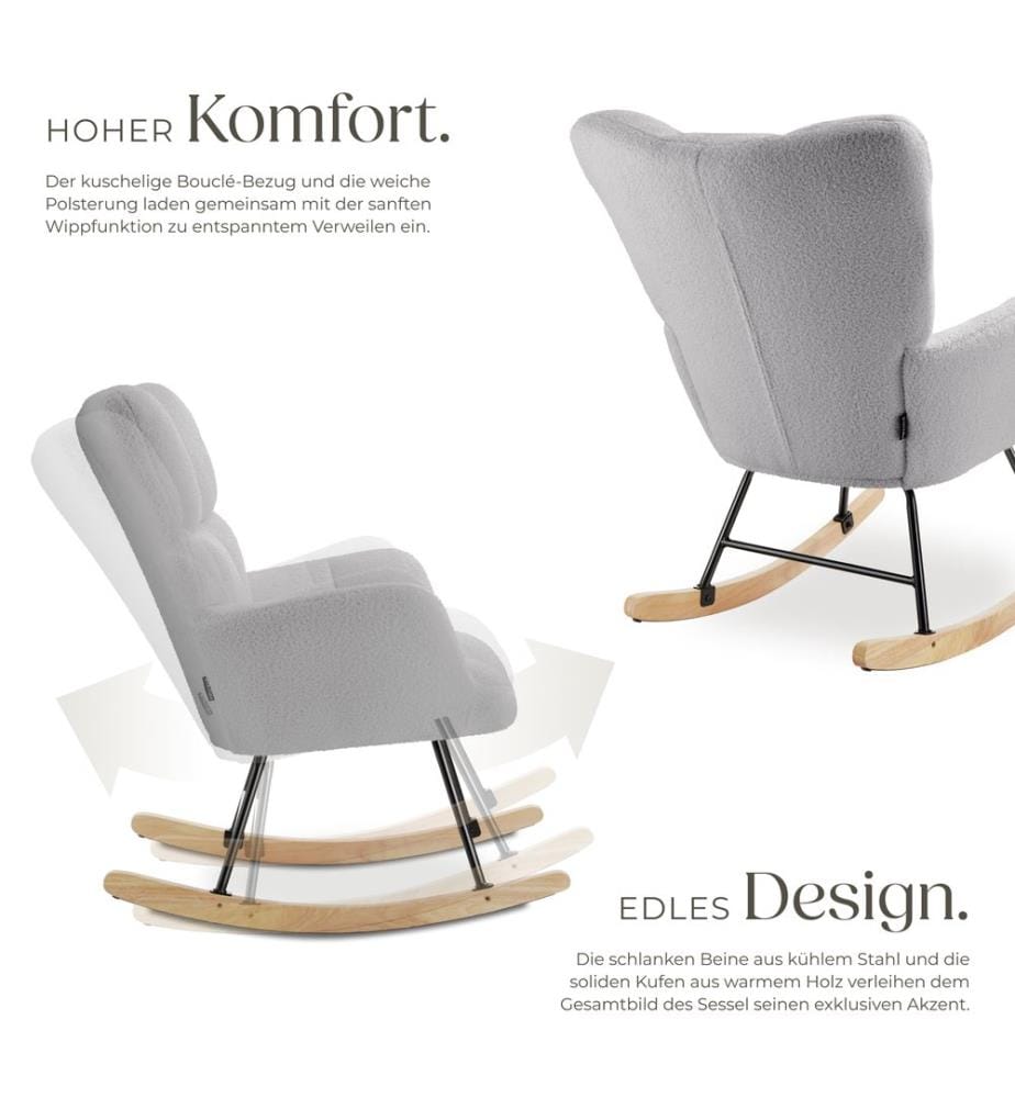 Fauteuil à bascule TORVE rembourré - Bouclé gris clair
