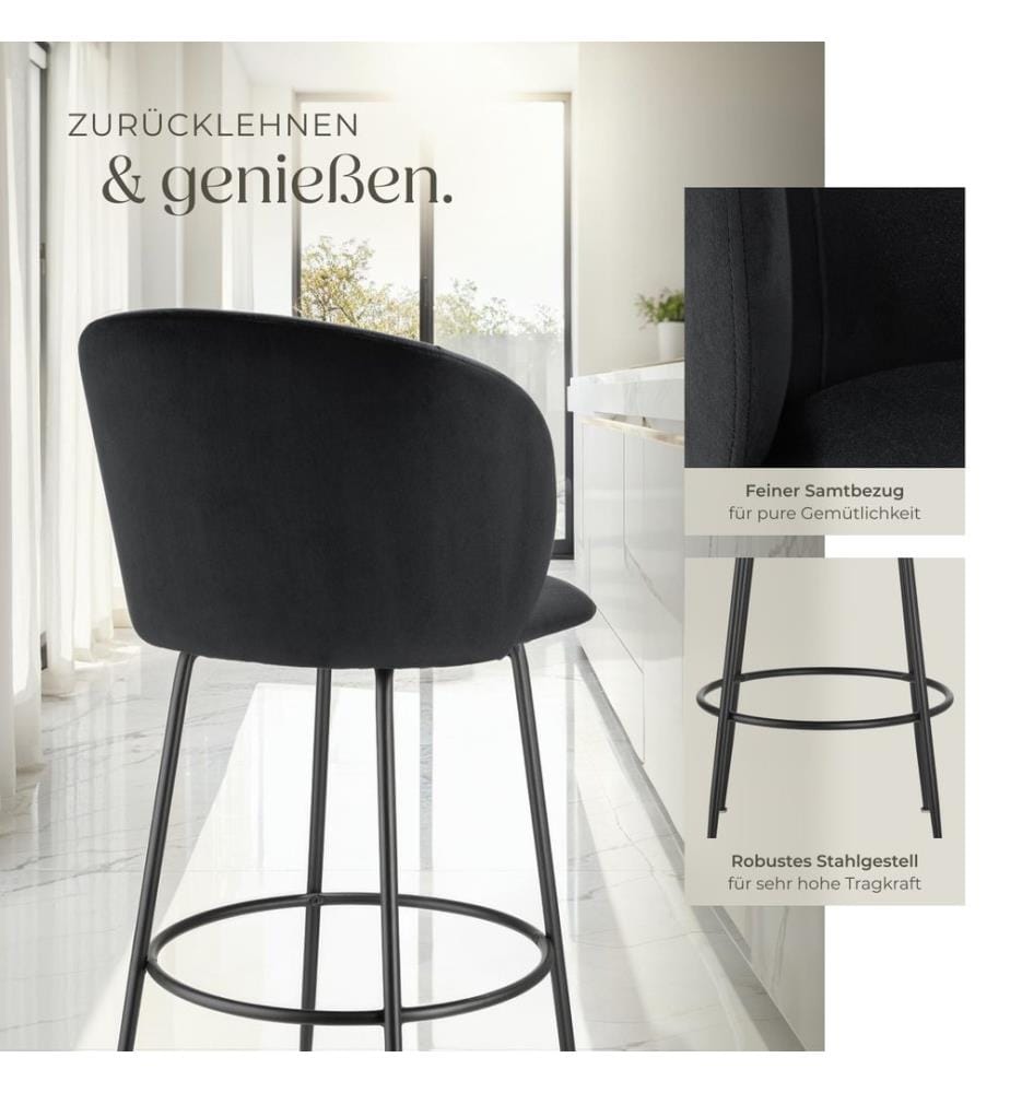Barstuhl Luana, mit Rückenlehne, Samtoptik - schwarzschwarz, 2er Set