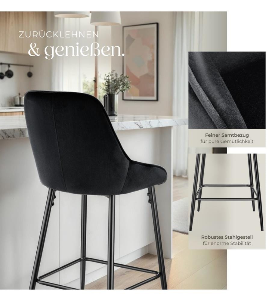 Thekenstuhl Siera mit Rückenlehne - Samtoptik schwarzschwarz, 4er Set