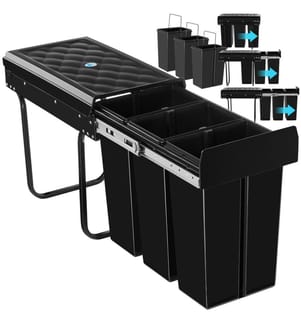 Kitchen Bin Ashlyn - 3 compartments, telescopic rails, 30L total capacity - black