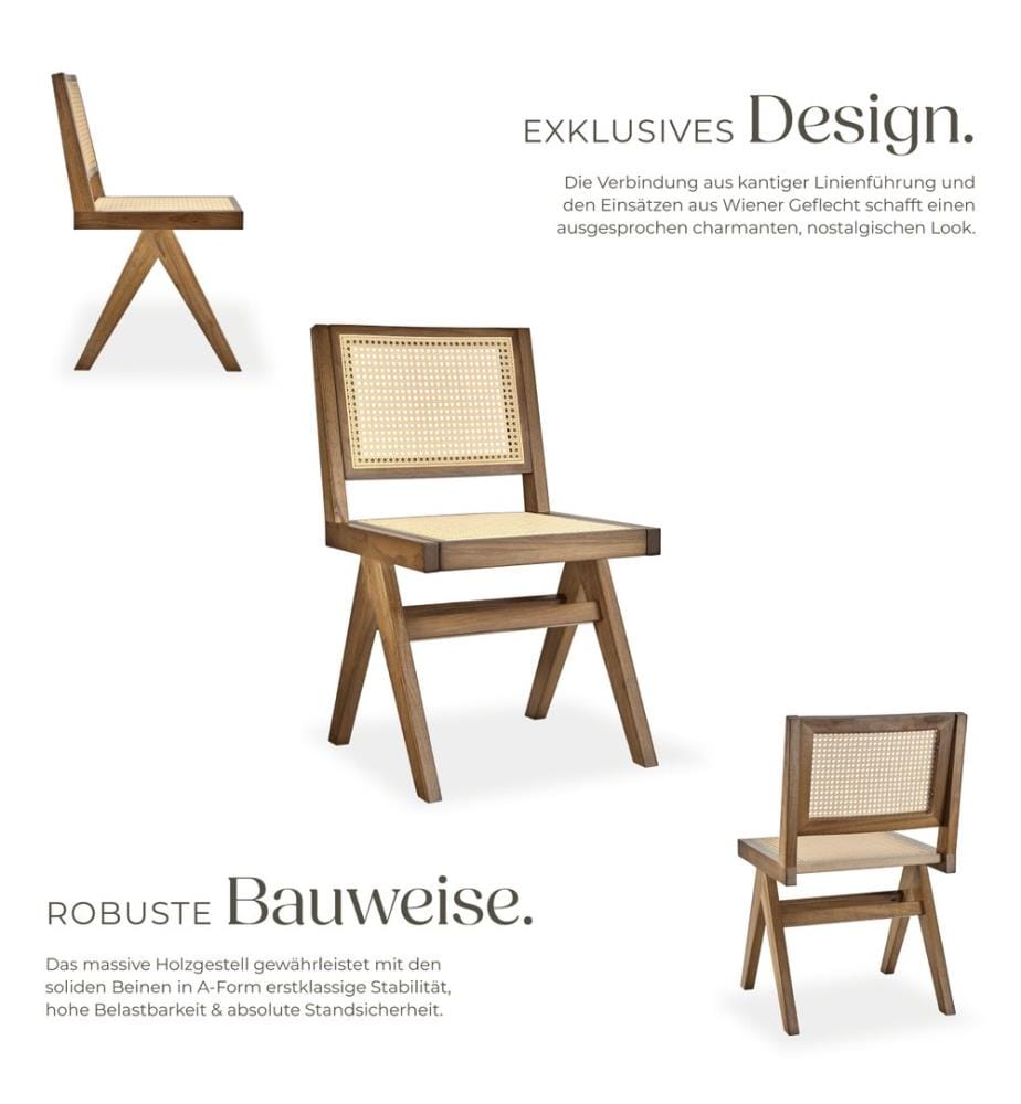 Holzstuhl Lissy mit Wiener Geflecht im Boho-Stil - Eiche hell, 2er Set