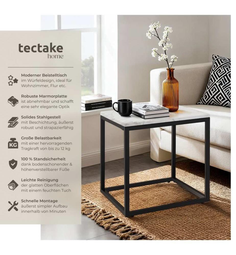Side Table Alysia - marble top, square design - blackwhite