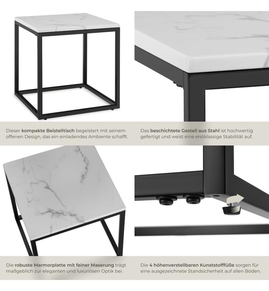 Side Table Alysia - marble top, square design - blackwhite