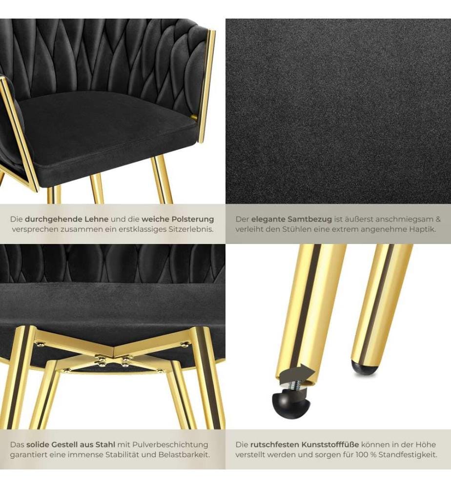 Set Esszimmerstuhl Astano Samt, Knotendesign - schwarzgold, 6er Set