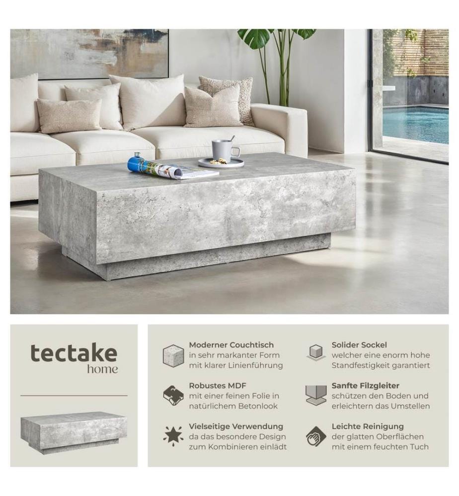 Table basse LASLEY avec pied - Aspect béton, 120 x 60 x 35 cm