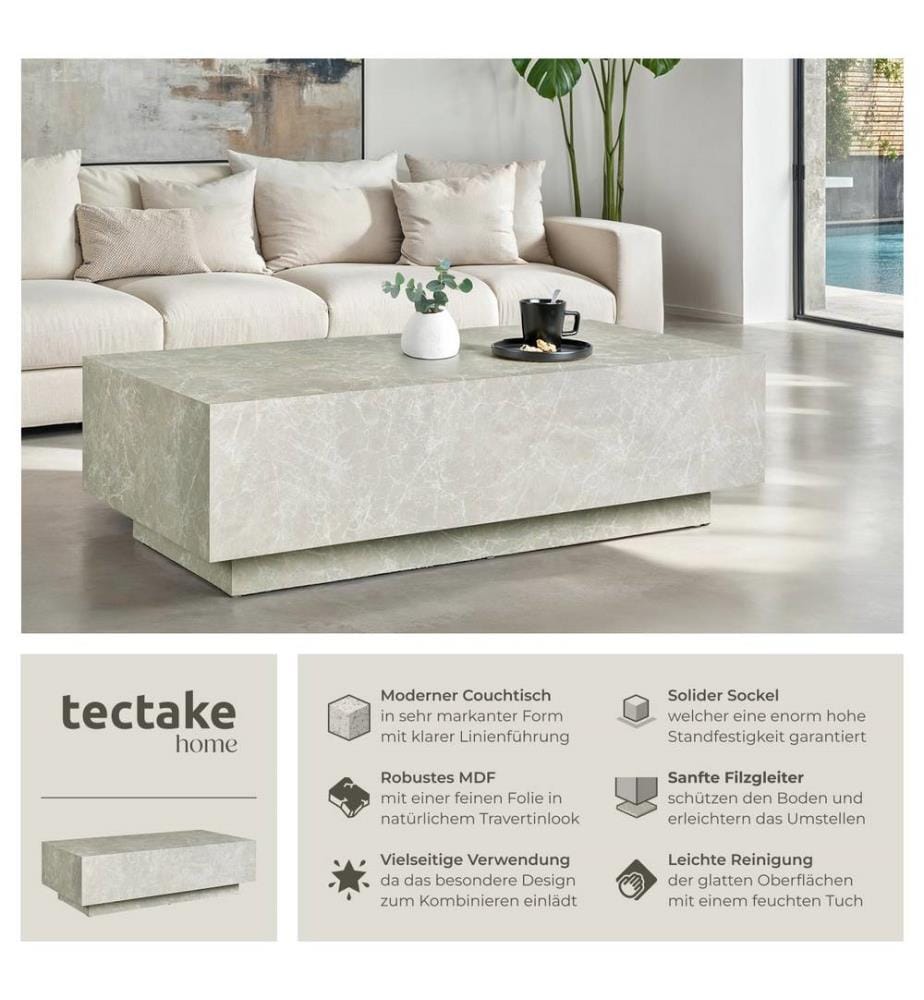 Table basse LASLEY avec pied - Aspect travertin, 120 x 60 x 35 cm