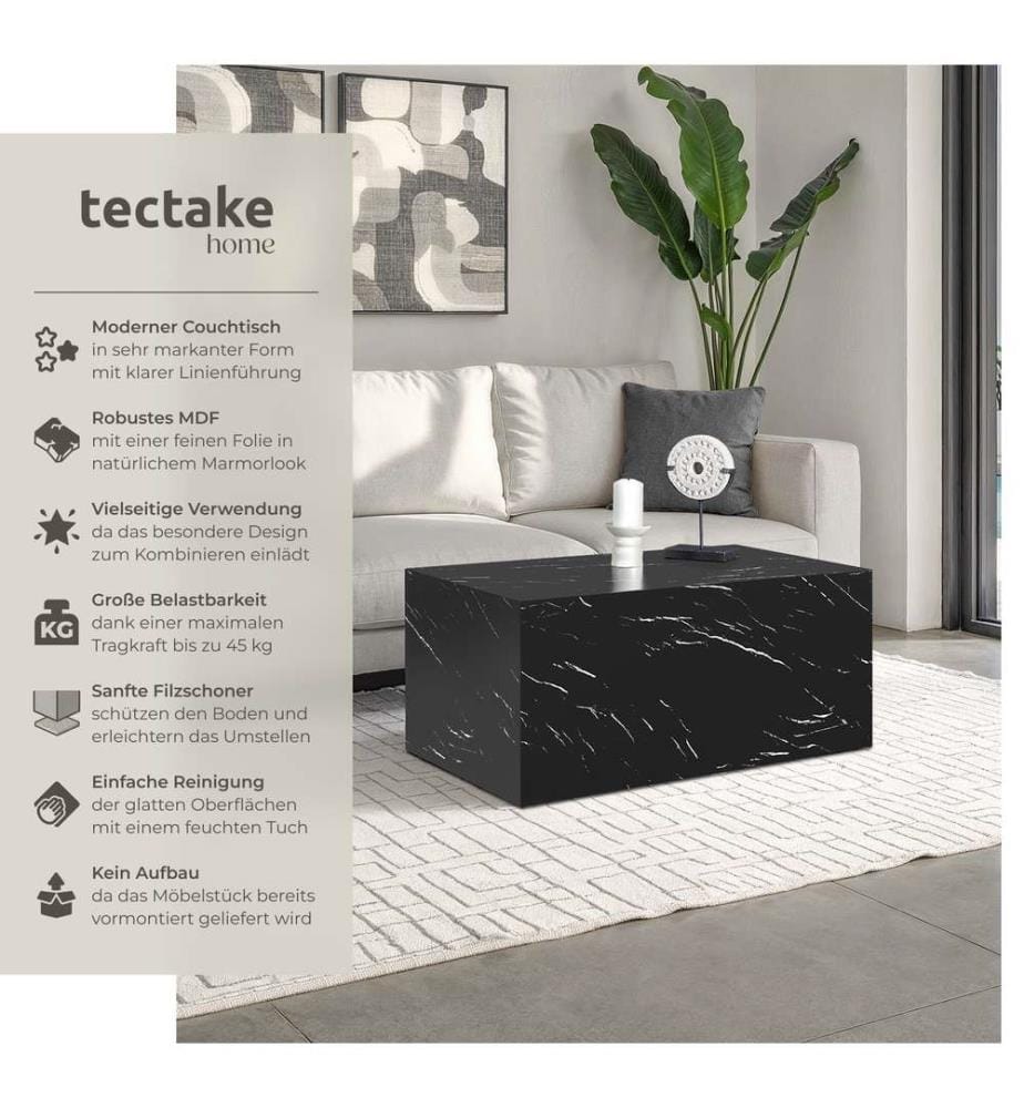 Table basse LASLEY - Aspect marbre noir, 90 x 50 x 40 cm