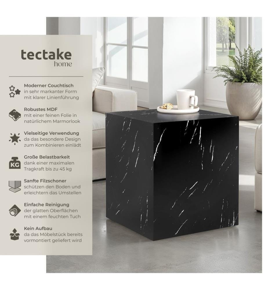 Table basse LASLEY - Aspect marbre noir, 45 x 45 x 50 cm