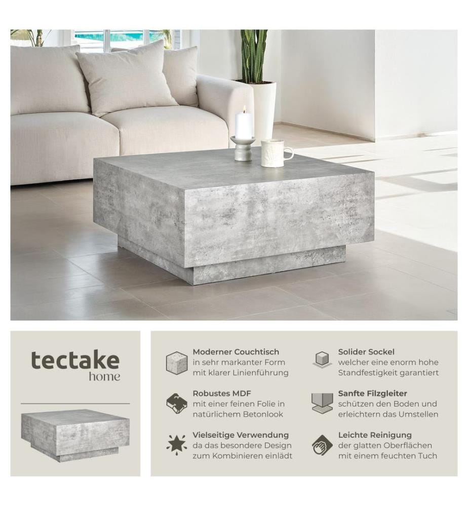 Table basse LASLEY avec pied - Aspect béton, 80 x 80 x 35 cm