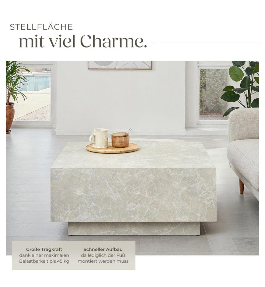 Table basse LASLEY avec pied - Aspect travertin, 80 x 80 x 35 cm