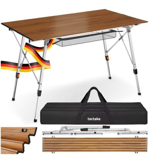Table de camping Tina en aluminium, pliable et réglable en hauteur - aspect bois