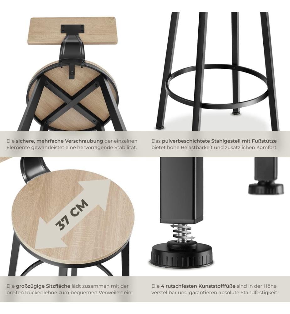 Tabourets de bar Poole - Bois clair industriel, Chêne Sonoma, Lot de 4