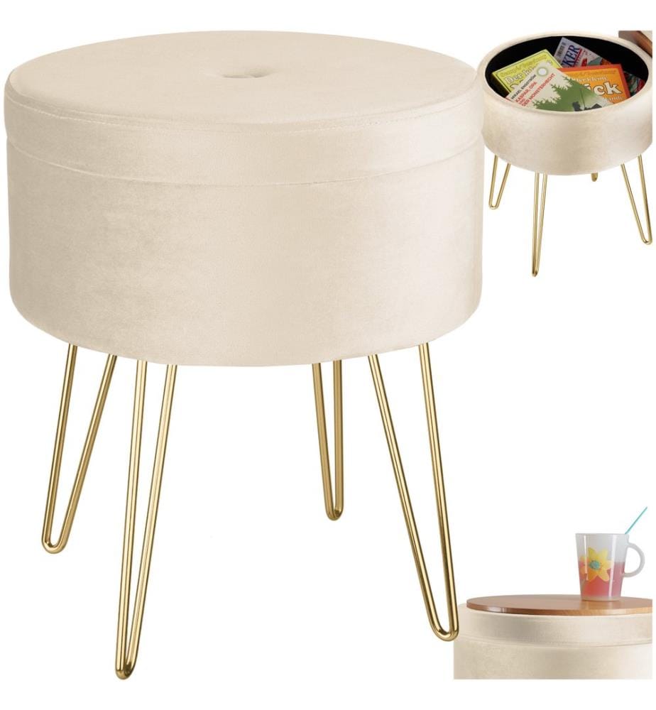 Tabouret avec coffre de rangement aspect velours transformable AVA - crème