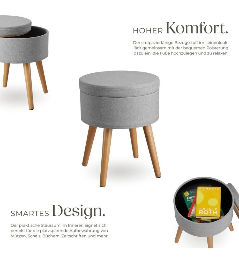 Tabouret avec coffre de rangement YARA aspect lin transformable - gris clair