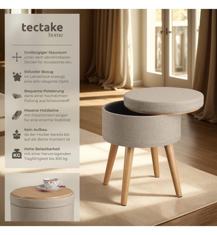 Sitzhocker Yara gepolstert in Leinenoptik 300kg mit Stauraum - Sand