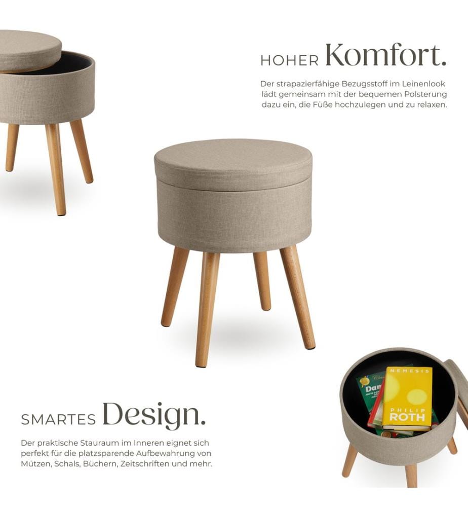 Sitzhocker Yara gepolstert in Leinenoptik 300kg mit Stauraum - Sand