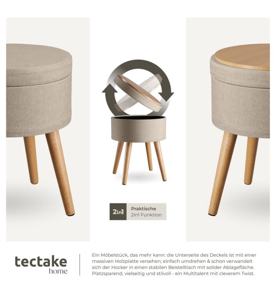 Sitzhocker Yara gepolstert in Leinenoptik 300kg mit Stauraum - Sand