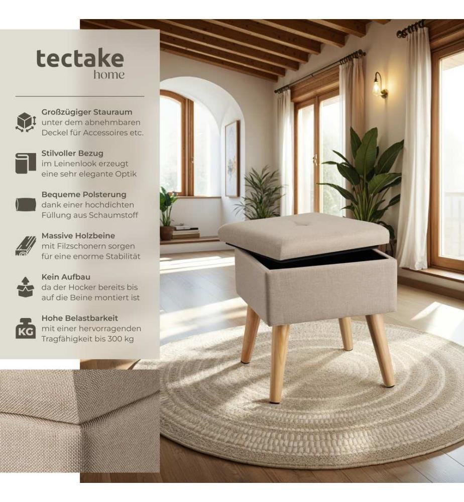 Sitzhocker Elva gepolstert in Leinenoptik 300kg mit Stauraum - Sand