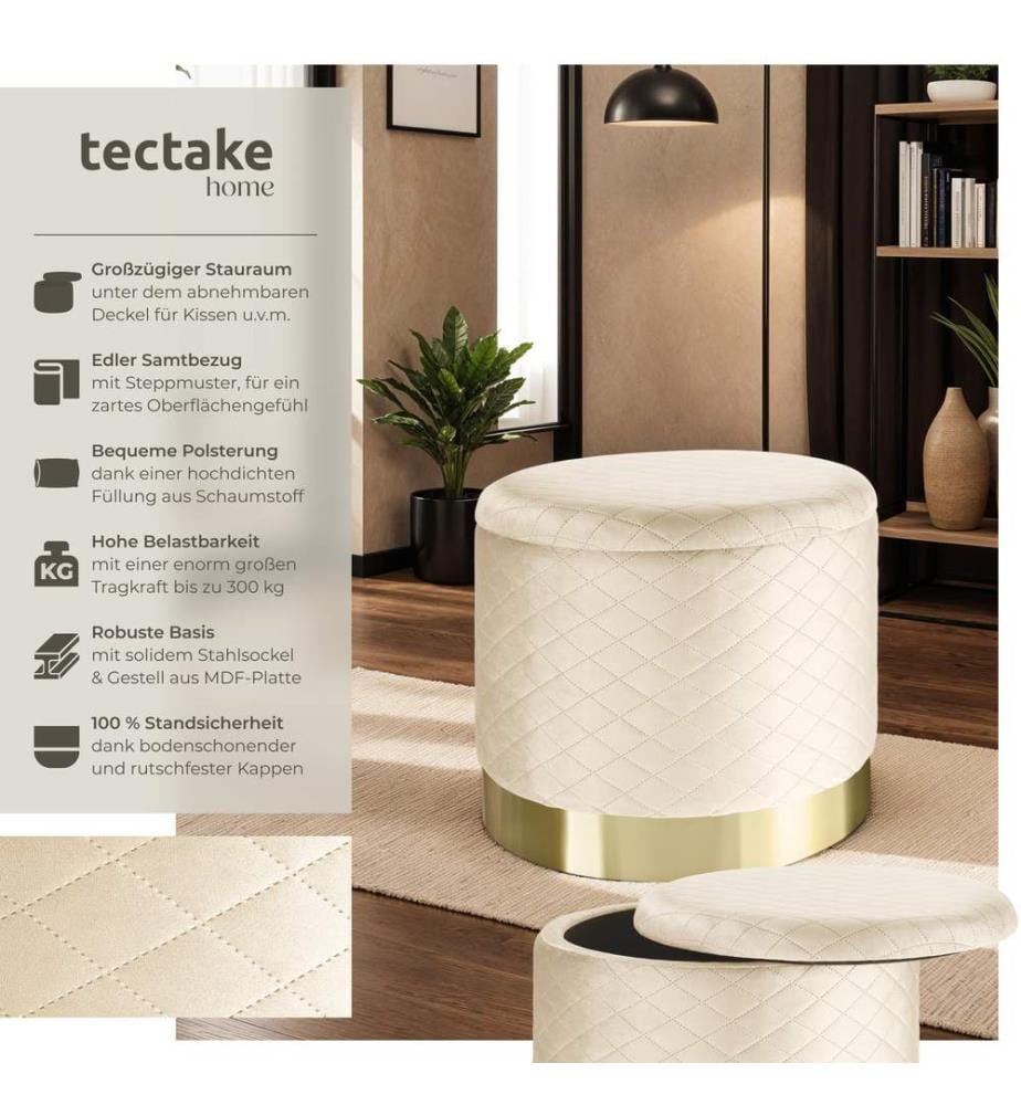 Sitzhocker Coco gepolstert in Samtoptik 300kg mit Stauraum - creme