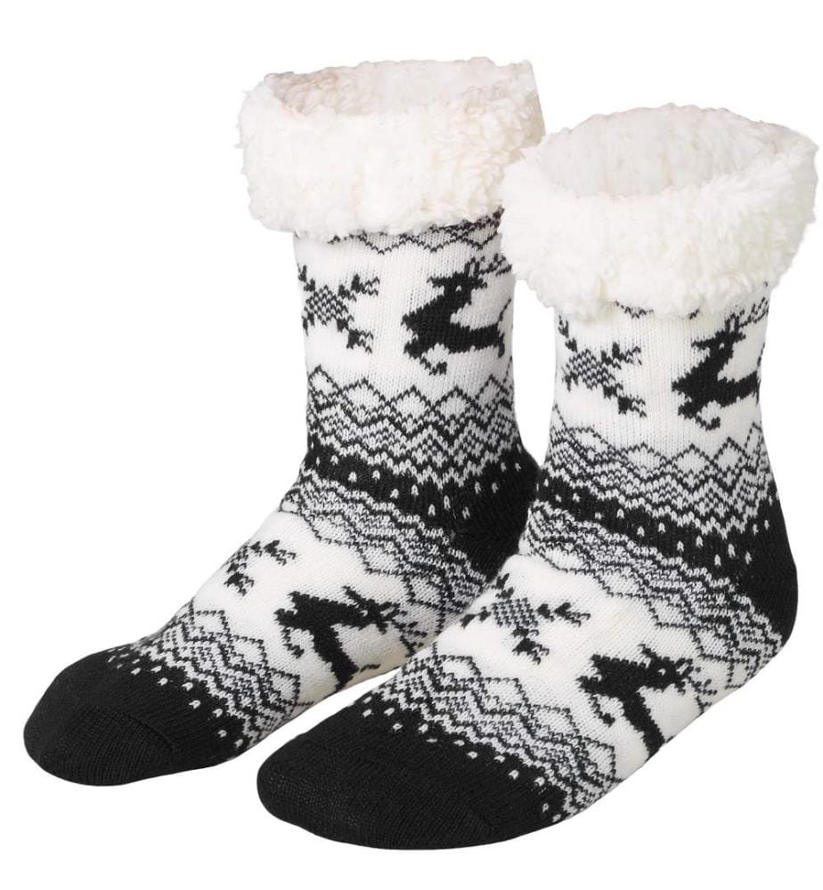 Chaussettes douillettes avec motif de renne noir-blanc