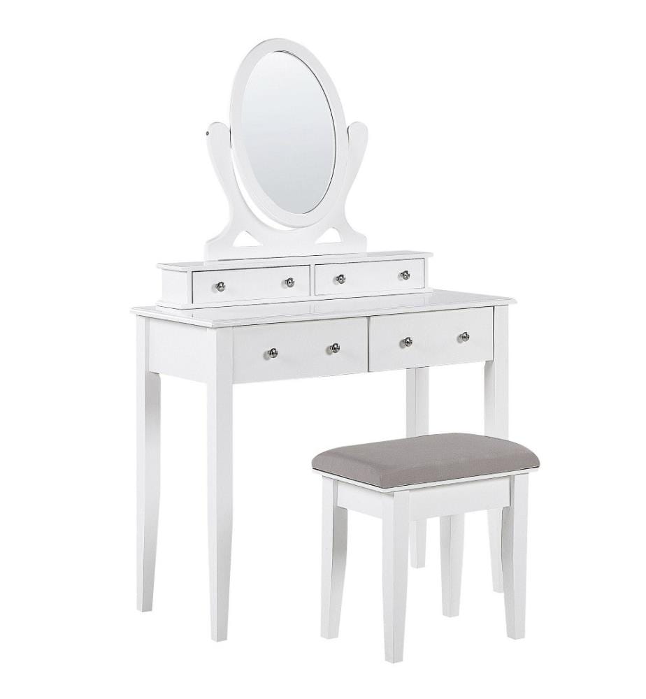 Table de Maquillage Coiffeuse Blanche avec 4 Tiroirs Miroir Oval et Tabouret Gris Assorti Idéale pour Chambre au Style Glamour et Classique