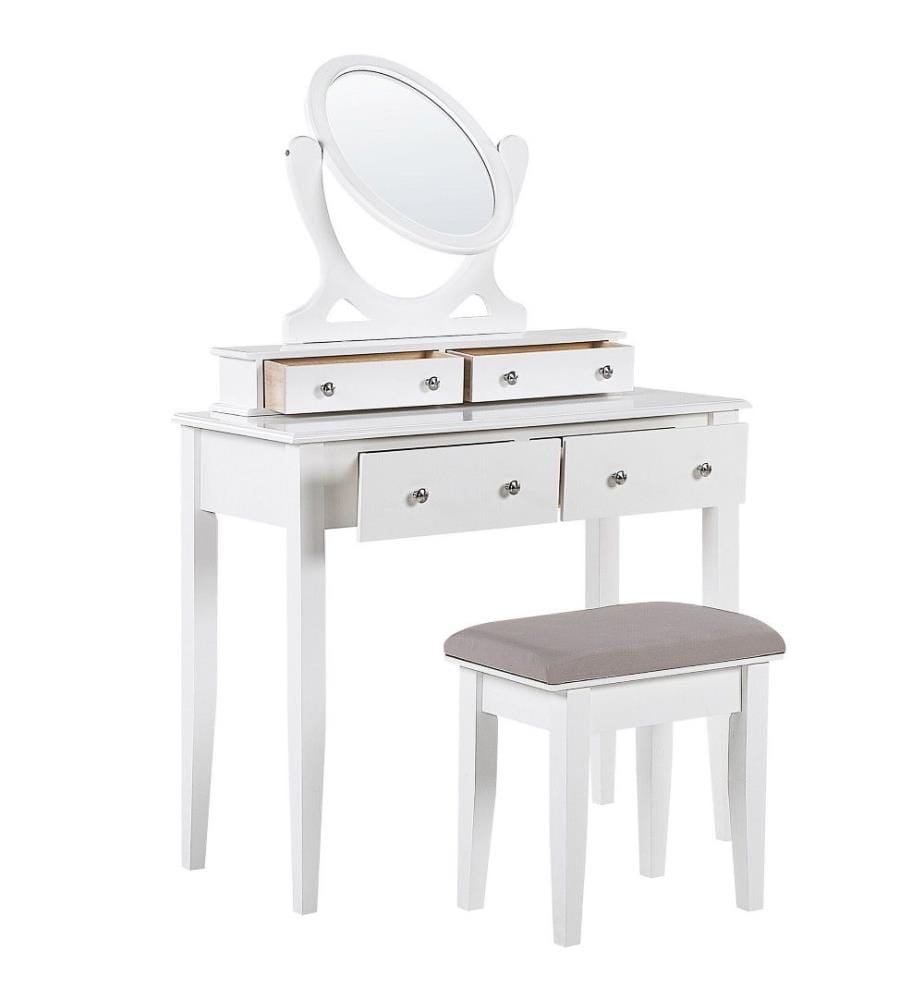 Table de Maquillage Coiffeuse Blanche avec 4 Tiroirs Miroir Oval et Tabouret Gris Assorti Idéale pour Chambre au Style Glamour et Classique