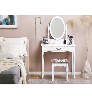 Table de Maquillage Coiffeuse Blanche avec Tiroir Miroir Ovale et Tabouret Assorti Motif Floral pour Chambre au Style Glamour et Romantique