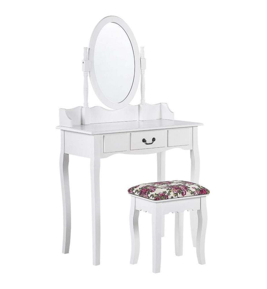Table de Maquillage Coiffeuse Blanche avec Tiroir Miroir Ovale et Tabouret Assorti Motif Floral pour Chambre au Style Glamour et Romantique