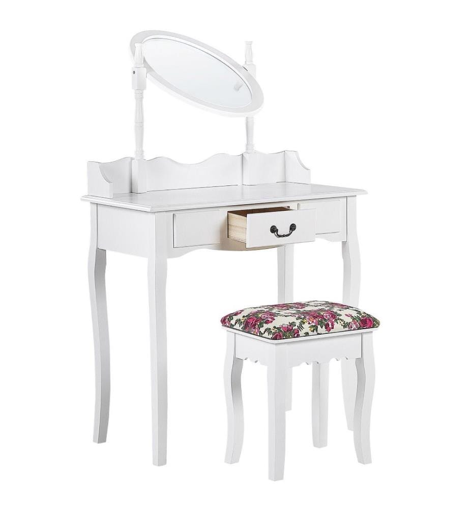 Table de Maquillage Coiffeuse Blanche avec Tiroir Miroir Ovale et Tabouret Assorti Motif Floral pour Chambre au Style Glamour et Romantique