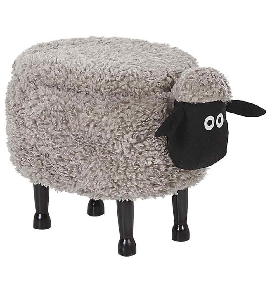 Pouf Tabouret pour Enfant en Forme de Mouton en Tissu Gris et Pieds Bois avec Coffre de Rangement