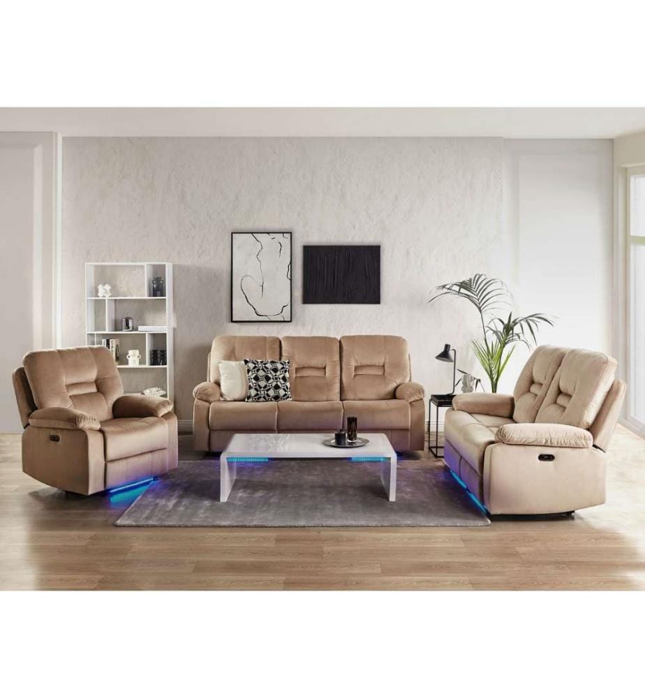 Set da salotto reclinabile elettrico 6 posti BERGEN Velluto Beige chiaro con porta USB