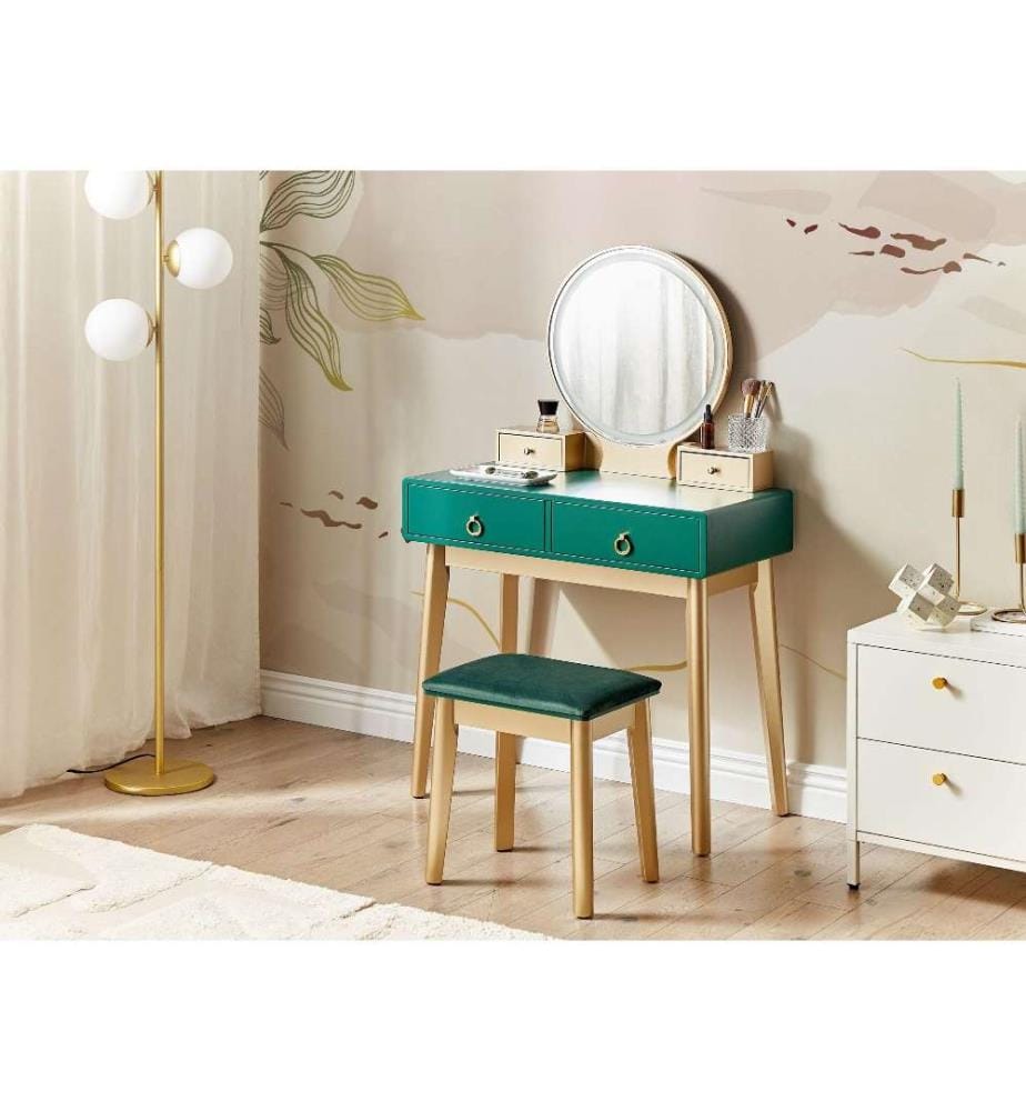 Coiffeuse avec miroir et tabouret FEDRY LED Vert émeraude
