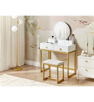 Coiffeuse avec miroir et tabouret AUXON LED Blanc