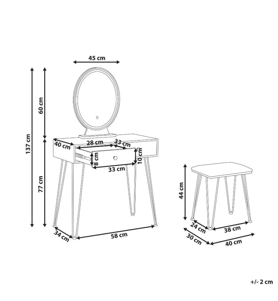 Coiffeuse Bois Sombre et Noir en Métal MDF et Polyester avec Tabouret et Miroir LED Finition Laquée à 2 Tiroirs Intensité Lumineuse Réglable