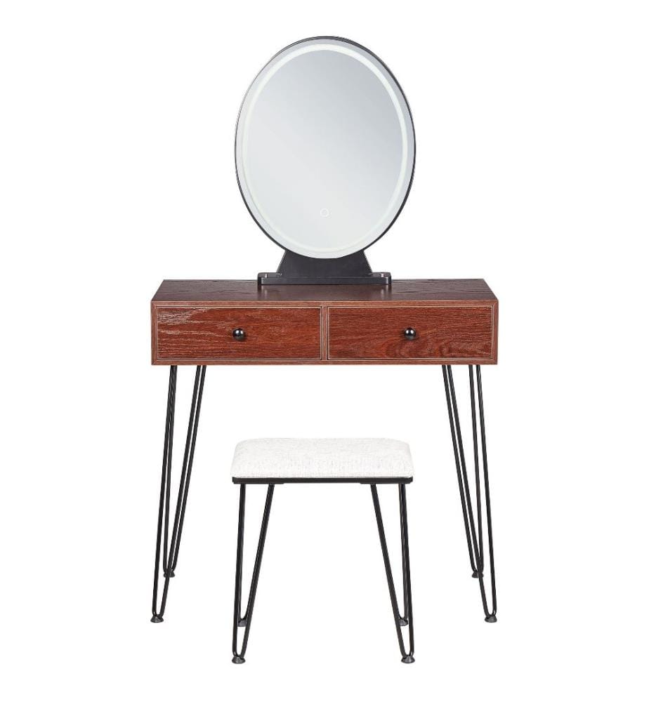 Coiffeuse Bois Sombre et Noir en Métal MDF et Polyester avec Tabouret et Miroir LED Finition Laquée à 2 Tiroirs Intensité Lumineuse Réglable