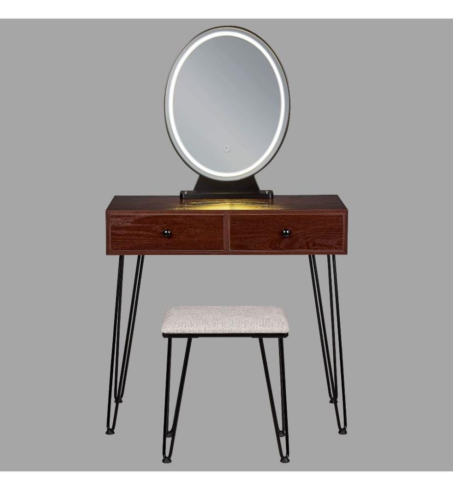Coiffeuse Bois Sombre et Noir en Métal MDF et Polyester avec Tabouret et Miroir LED Finition Laquée à 2 Tiroirs Intensité Lumineuse Réglable