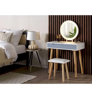 Coiffeuse Blanc et Gris en Panneaux de Particule de Bois et Bois d'Hévéa 130 x 80 x 40 cm 2 Tiroirs Miroir à LED et Tabouret Scandinave